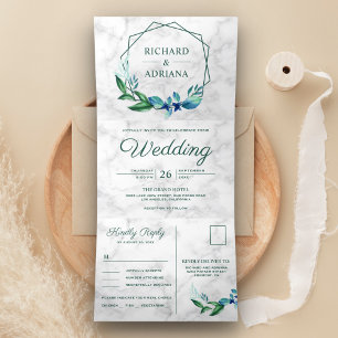 Modern Geometric Emerald Green Leaf Wreath Wedding Tri-Fold Invitation