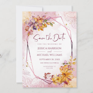 Modern Geometric Fall Leaves Burgundy Calligraphy Save The Date