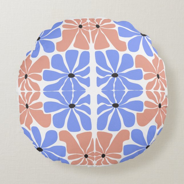 Modern Geometric Floral - Blue & Peach Pattern  Round Cushion (Front)