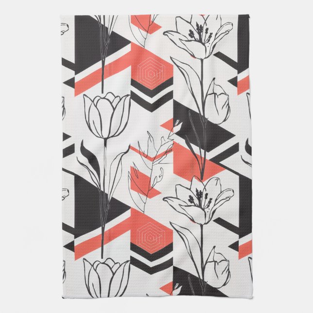 Modern Geometric Floral Contrast Tea Towel (Vertical)
