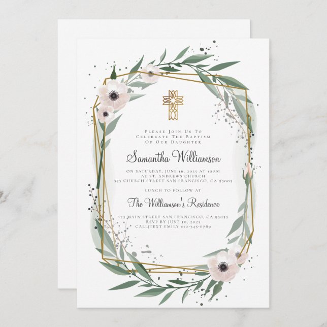 Modern Geometric Floral Cross Baptism Invitation (Front/Back)
