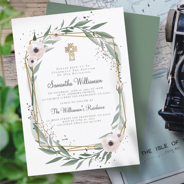 Modern Geometric Floral Cross Baptism Invitation (Creator Uploaded)
