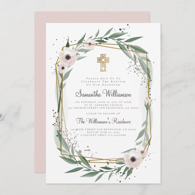 Modern Geometric Floral Cross Baptism Invitation (Front/Back)