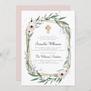 Modern Geometric Floral Cross Baptism Invitation