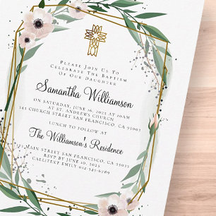 Modern Geometric Floral Cross Baptism Invitation Postcard