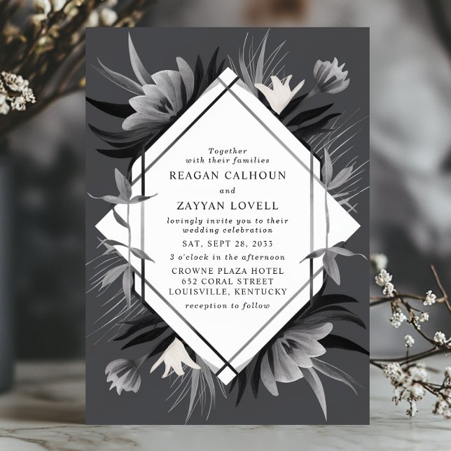 Modern Geometric Floral Monochrome Elegant Wedding Invitation (Creator Uploaded)