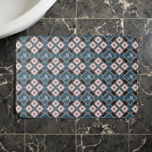 Modern Geometric Floral Monogram Flower Pattern Bath Mat (Creator Uploaded)