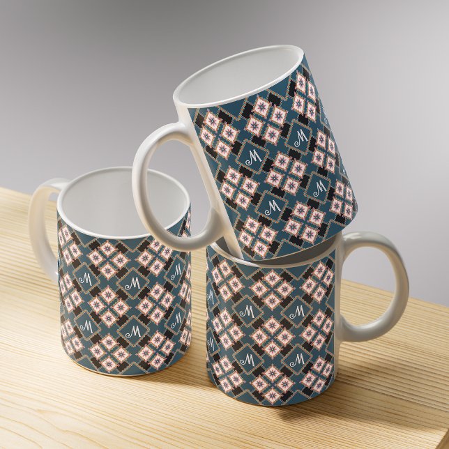 Modern Geometric Floral Monogram Flower Pattern Coffee Mug (Creator Uploaded)