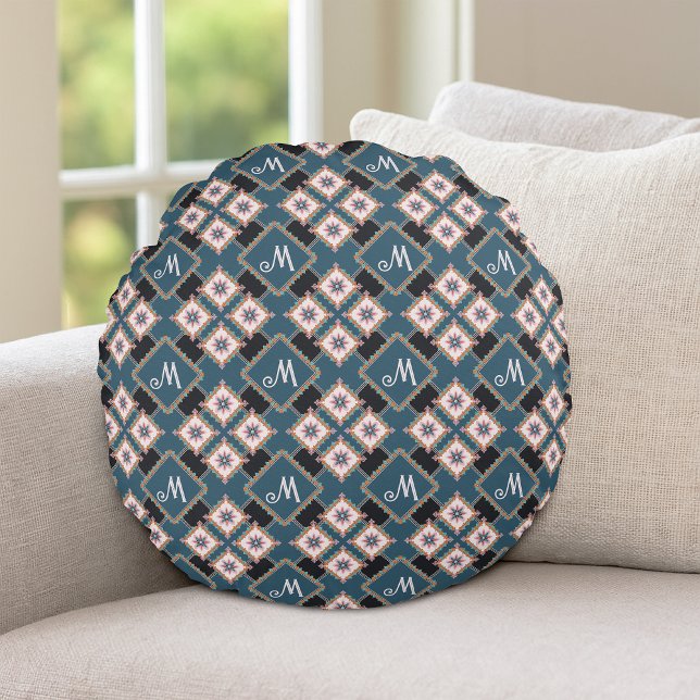 Modern Geometric Floral Monogram Flower Pattern Round Cushion (Creator Uploaded)