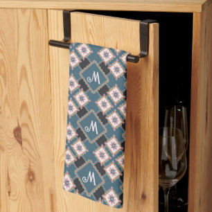 Modern Geometric Floral Monogram Flower Pattern Tea Towel