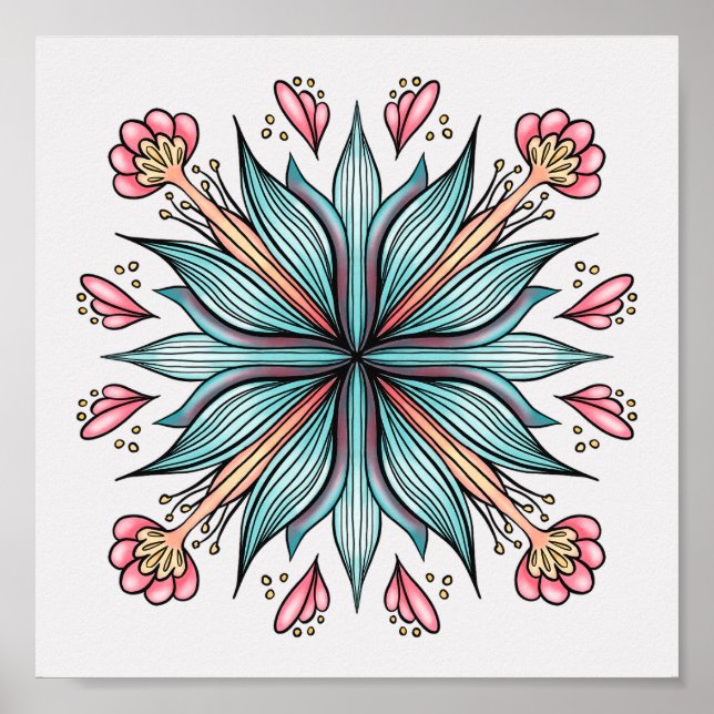 Modern Geometric Flower - Blue Pink Yellow Bloom Poster (Front)