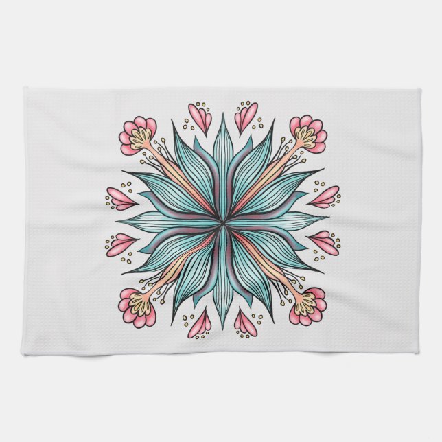 Modern Geometric Flower - Blue Pink Yellow Bloom Tea Towel (Horizontal)