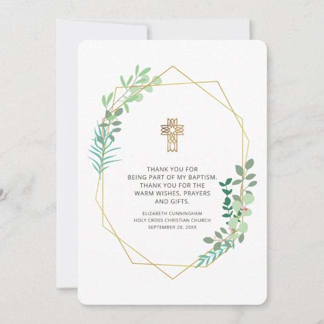 Modern Geometric Foliage Baptism Thank You Card (Front)