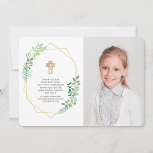 Modern Geometric Foliage Photo Communion Thank You Card