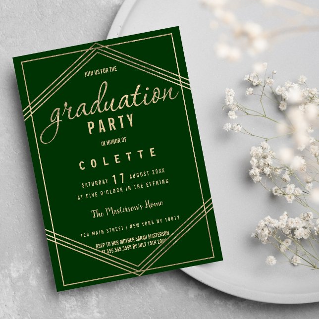 Modern geometric forest green gold Graduation Invitation (Modern geometric forest green gold Graduation)