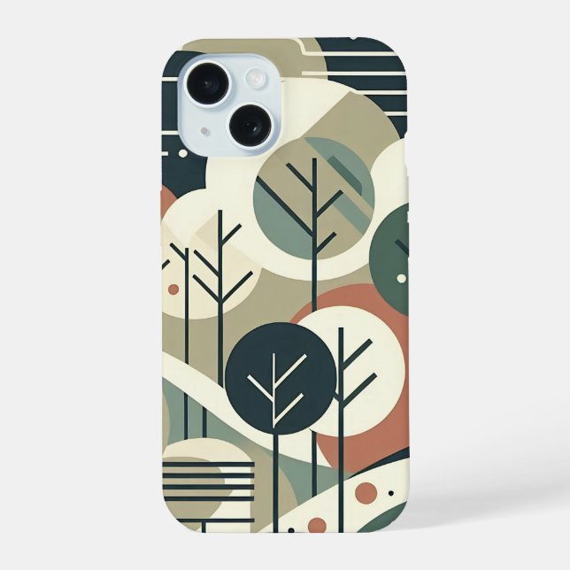 Modern Geometric Forest Mid Century Art iPhone 15 Case (Back)