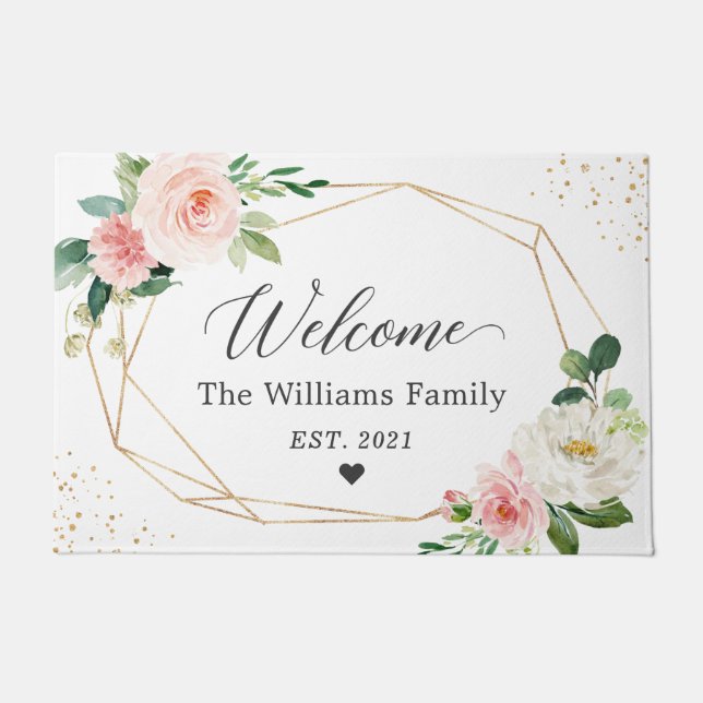 Modern Geometric Frame Blush Floral Family Welcome Doormat (Front)