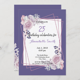 Modern Geometric Frame purple Floral  Birthday Invitation