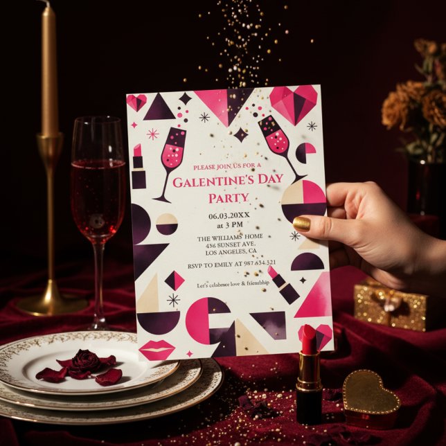 Modern Geometric Galentine's Invitation (Geometric modern design with pink/burgundy/beige shapes)