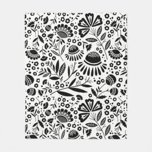 Modern Geometric Garden Floral Black and White Fleece Blanket