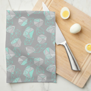 Modern Geometric Gems Pattern Grey & Aqua  Tea Towel