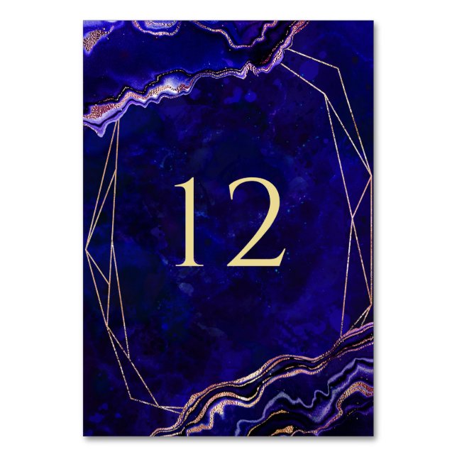 Modern Geometric Geode Blue Purple Rose Gold Agate Table Number (Front)