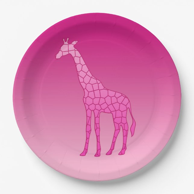 Modern Geometric Giraffe, Fuchsia and Light Pink Paper Plate (Front)