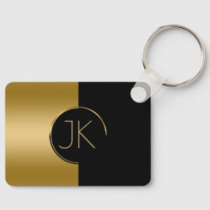 Modern Geometric Gold & Black Design Monogram Key Ring