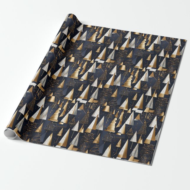 Modern Geometric Gold Christmas Trees  Wrapping Paper (Unrolled)