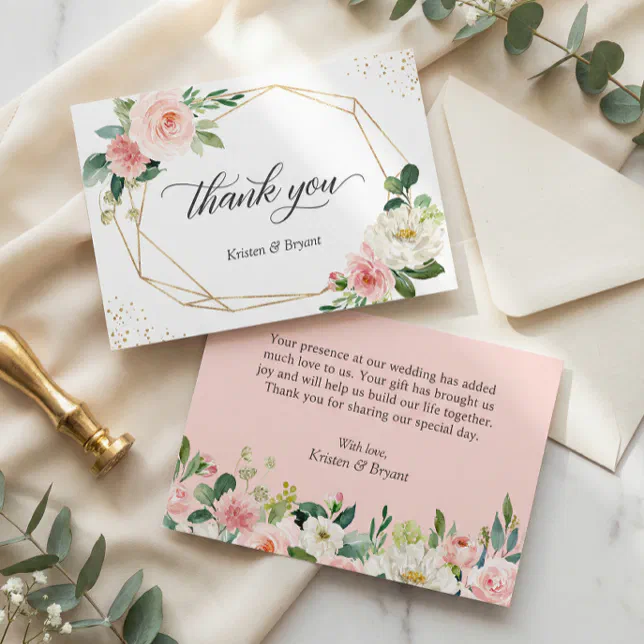 Modern Geometric Gold Frame Blush Floral Wedding Thank You Card | Zazzle