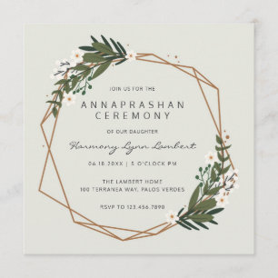 Modern Geometric Gold Frame Greenery Annaprashan Invitation