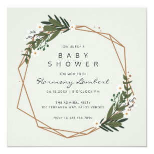 Modern Geometric Gold Frame Greenery Baby Shower Invitation