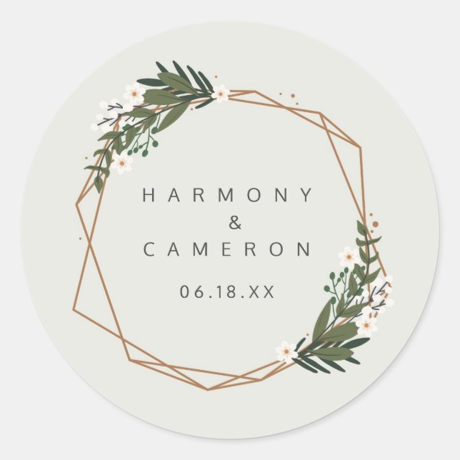 Modern Geometric Gold Frame Greenery Wedding Favou Classic Round Sticker (Front)