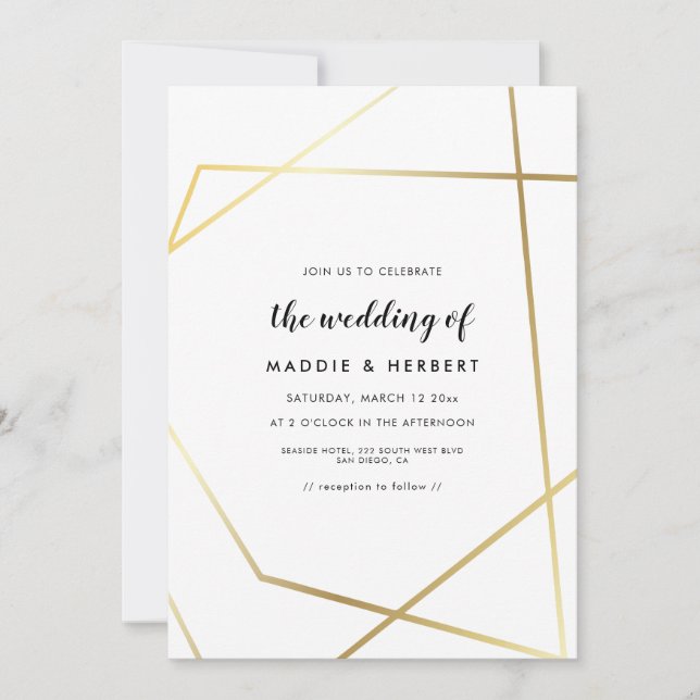 Modern geometric gold frame wedding invitation (Front)