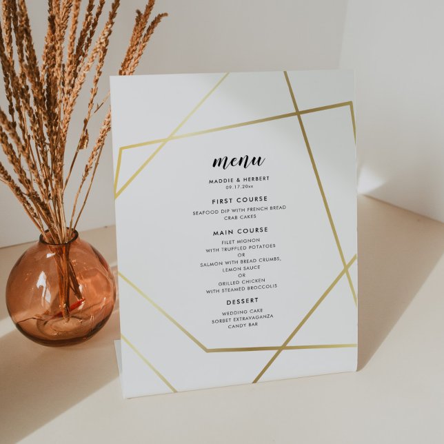 Modern geometric gold frame wedding menu pedestal sign (Creator Uploaded)