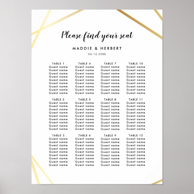 Modern geometric gold frame wedding seating chart (Front)