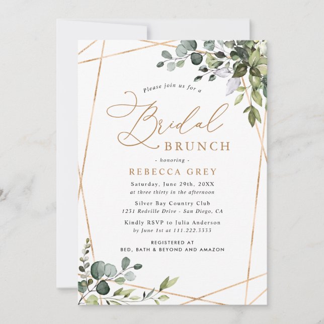Modern Geometric Gold Greenery Bridal Brunch Invitation (Front)