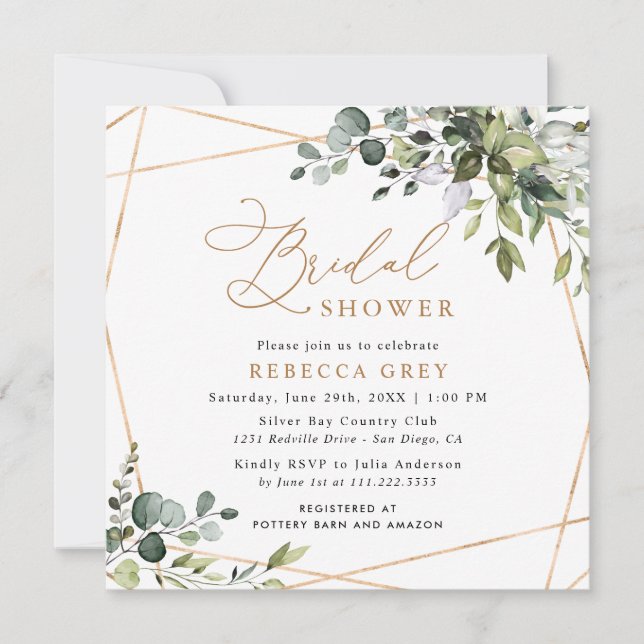 Modern Geometric Gold Greenery Bridal Shower Invitation (Front)