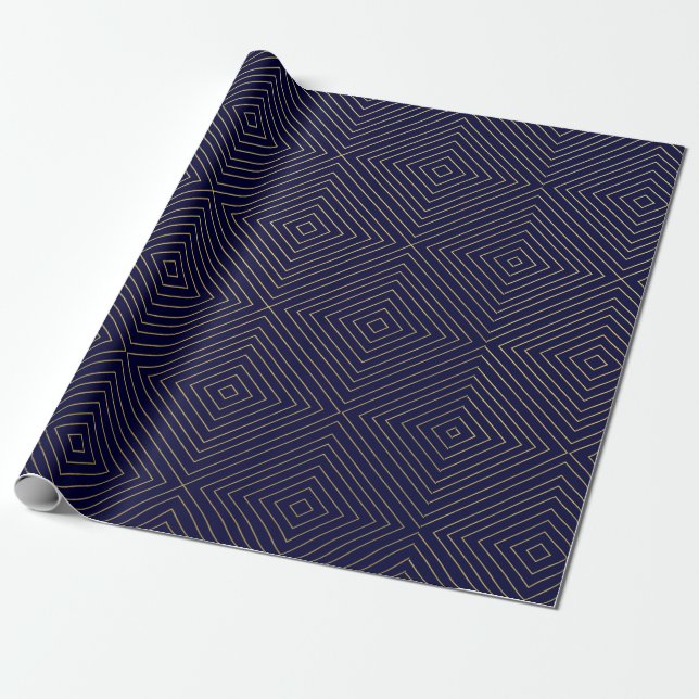 Modern Geometric Gold Squares Pattern on Navy Blue Wrapping Paper (Unrolled)