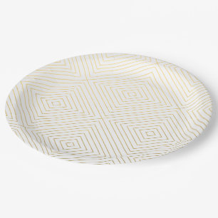 Modern Geometric Gold Squares Pattern on White Col Paper Plate
