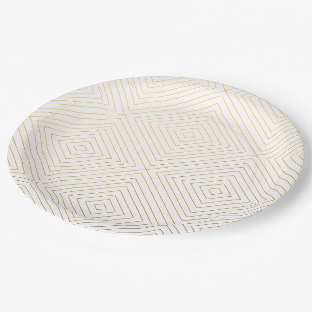 Modern Geometric Gold Squares Pattern on White Col Paper Plate (Angled)