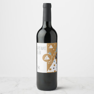 Modern Geometric Gold & White Christmas Trees Wine Label