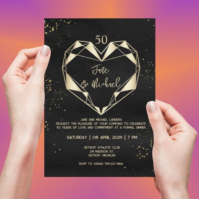 Modern Geometric Golden Heart 50th Anniversary Invitation (Creator Uploaded)