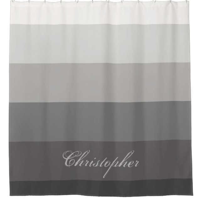 Modern Geometric Gradient Grey with Custom Name Shower Curtain (Front)