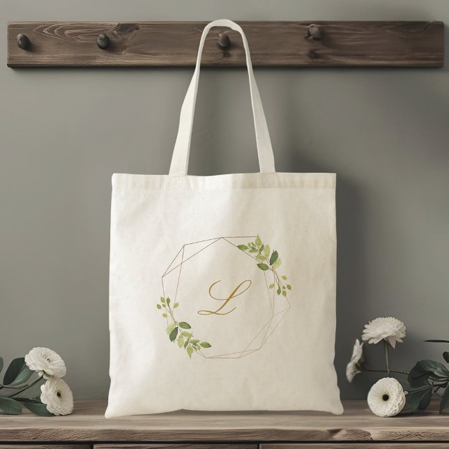 Modern Geometric Greenery Monogram Bridesmaid Tote Bag (Creator Uploaded)
