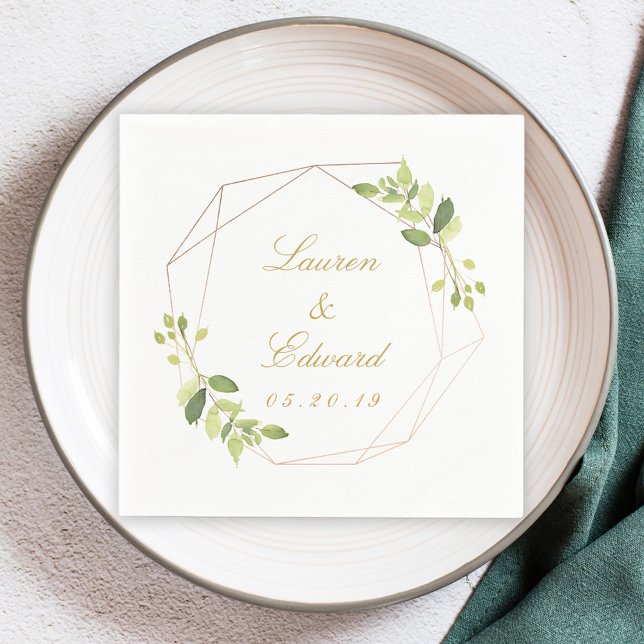 Modern Geometric Greenery Personalised Wedding Napkin (Creator Uploaded)