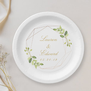 Modern Geometric Greenery Personalised Wedding Paper Plate
