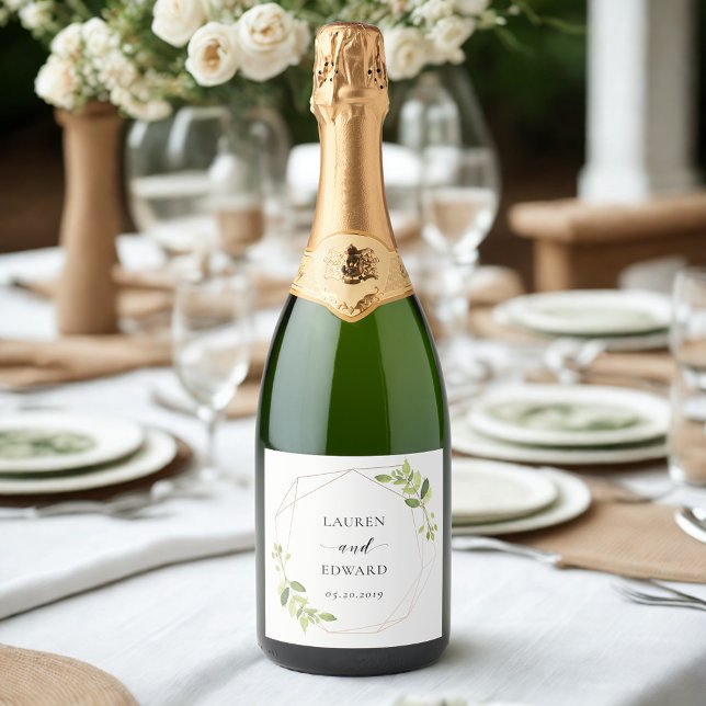 Modern Geometric Greenery Personalised Wedding Sparkling Wine Label (Creator Uploaded)