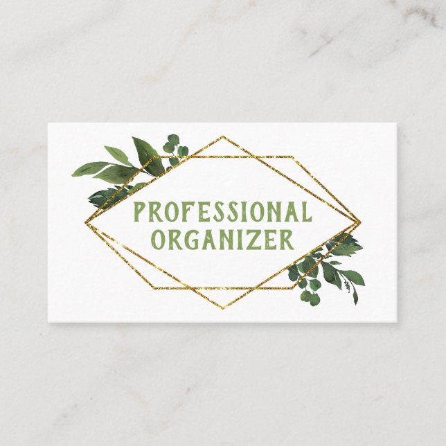 Modern Geometric Greenery Professional Organizer Business Card (Front)