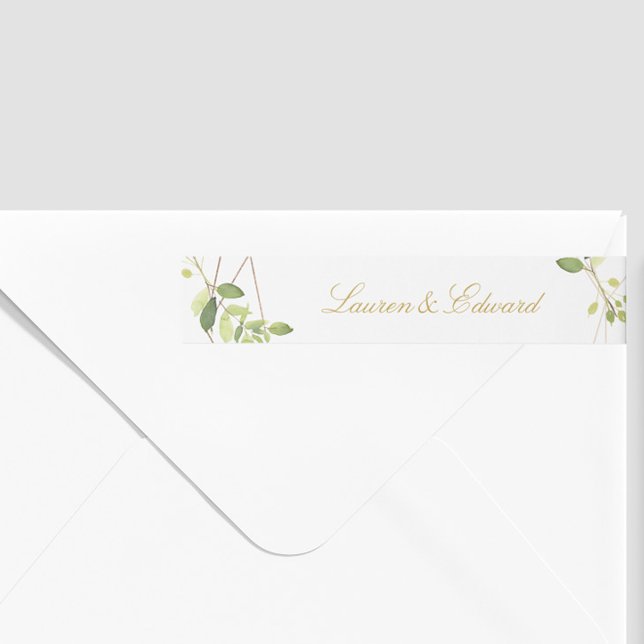 Modern Geometric Greenery Wedding Return Address Wrap Around Label (Creator Uploaded)